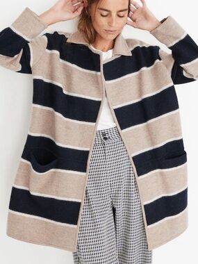 Madewell Striped Ballard Sweater Coat Heather Stone Size M